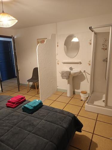 une chambre avec un lit et une salle de bain avec un lavabo dans l'établissement Appartement de village avec grande terrasse, à Malaucène