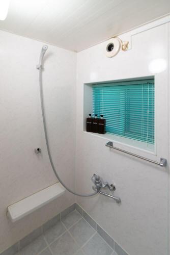 a bathroom with a shower and a window at たーちやー in Motobu