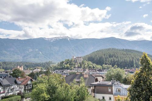 a view of a city with mountains in the background at Hotel ANDER in Brunico