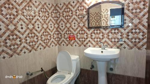 a bathroom with a sink and a toilet and a mirror at Hotel Embassy in Dehradun