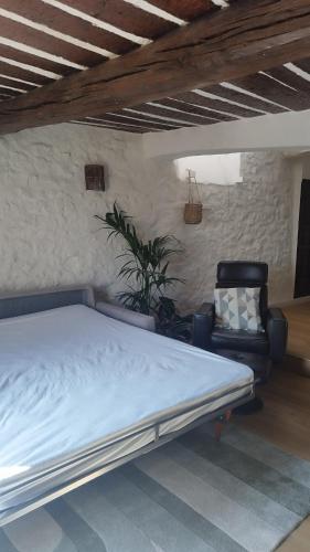 - un lit et une chaise dans une chambre dans l'établissement Charmant appartement au coeur du village, à Tourrettes-sur-Loup