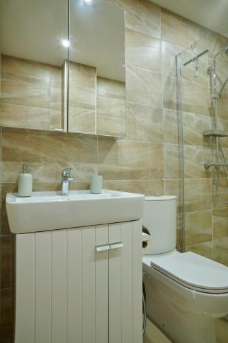 une salle de bain avec toilettes, lavabo et douche dans l'établissement Lovely 2 bedrooms flat Basel Saint Louis -with private parking, à Saint-Louis