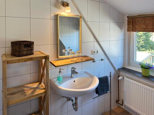a bathroom with a sink and a mirror at Ferienwohnung *Hüs Pelle* in Süddorf