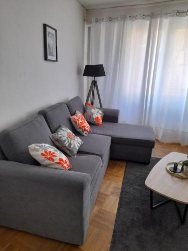 un salon avec un canapé gris et une table dans l'établissement Logement central proche gare, à Strasbourg