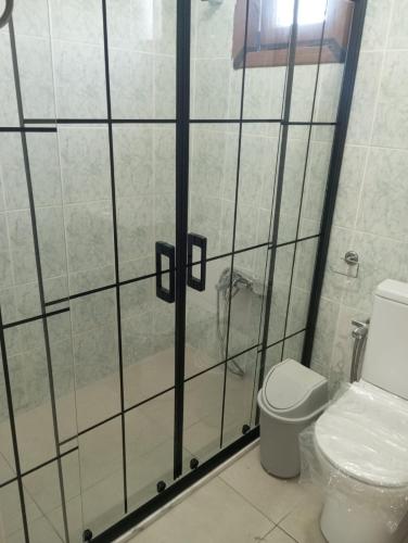 a bathroom with a toilet and a shower stall at Kalanora Otel in Gelibolu