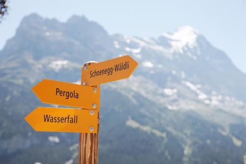a wooden sign with street signs in front of a mountain at Parkhotel Schoenegg in Grindelwald