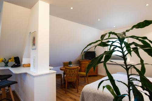 a bedroom with a bed and a potted plant at Insel-Hof Reichenau Hotel-garni in Reichenau