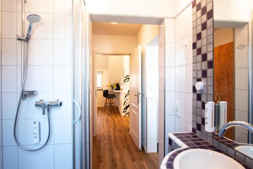 a bathroom with a shower and a sink at Insel-Hof Reichenau Hotel-garni in Reichenau
