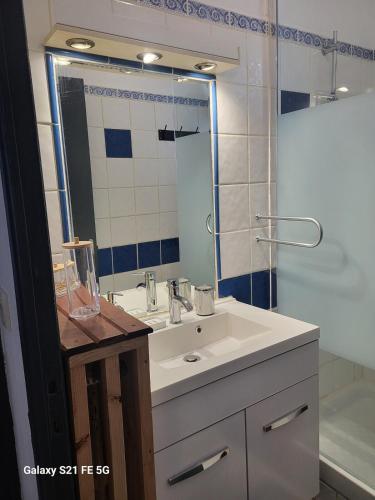 une salle de bain avec un lavabo blanc et un miroir dans l'établissement 2 chbres idéal pour vacances ou travail, proche centre et port, plage à 2km, wifi, à La Seyne-sur-Mer