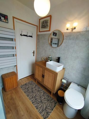 une salle de bain avec un lavabo et des toilettes dans l'établissement Maison 2 chambres entre Saint-Malo et le Mont Saint-Michel, au Vivier-sur-Mer