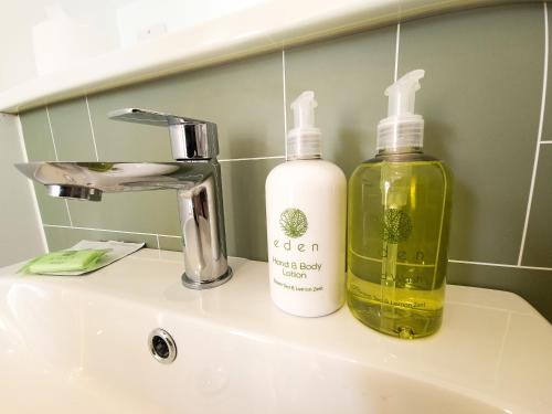 a bathroom sink with two soap bottles on it at Dalfern Lodge in Aviemore