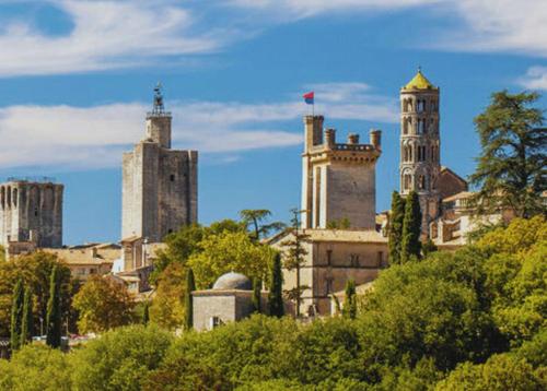 un groupe de bâtiments avec des tours et des arbres dans l'établissement La villa des figuiers, à Saint-Bonnet-du-Gard
