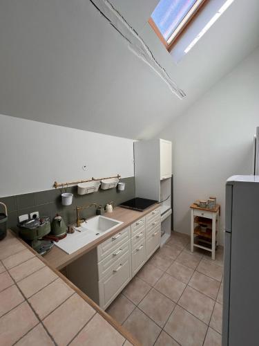une grande cuisine avec un évier et une lucarne dans l'établissement Appart'Hôtel Auxerre, à Auxerre