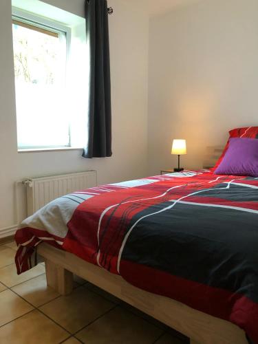 a bedroom with a bed with a red and black comforter at Schaaf in Roth