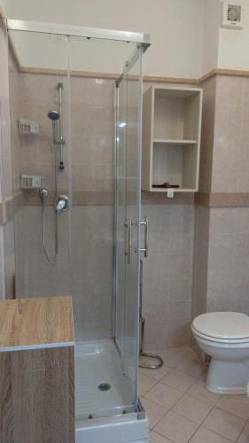 a bathroom with a shower and a toilet at La Casa di Tato in Montecarotto