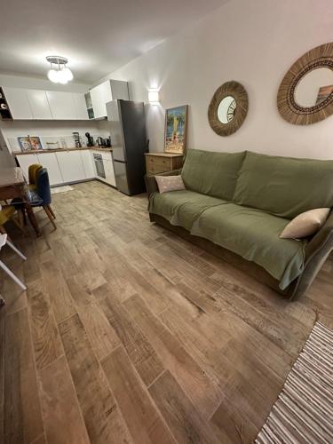 - un salon avec un canapé vert sur du parquet dans l'établissement Casa Lucia, à Saint-Cyr-sur-Mer