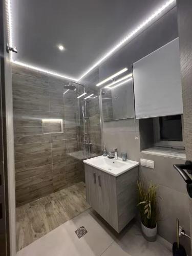 a bathroom with a sink and a shower at Burnelia Vacation Maisonette in Lefkimmi