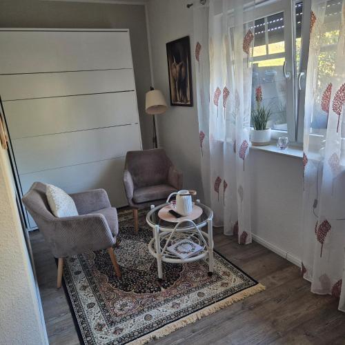 a living room with two chairs and a table at fewo-aller-auszeit in Hademstorf