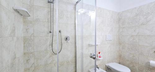 a bathroom with a shower with a toilet at Agriturismo Le Ville con Piscina idromassaggio, Capo Vaticano in Ricadi