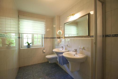 アーレンスホープにあるHaus Strandgutのバスルーム(洗面台、トイレ、鏡付)