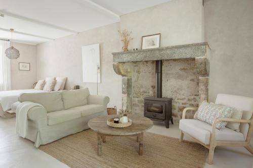 a living room with a couch and a fireplace at Traditional Apartment In The Heart Of Burgundy in Champignolles