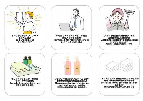 een aantal pictogrammen van verschillende soorten ontsmettingsprocedures ter illustratie bij CASA GRApP Nishikujyo in Osaka