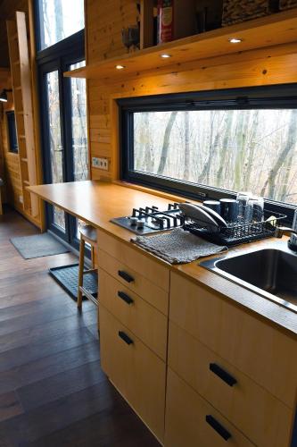 eine Küche mit einem Herd, einem Waschbecken und einem Fenster in der Unterkunft POP Tiny House Mátra in Mátraszentimre