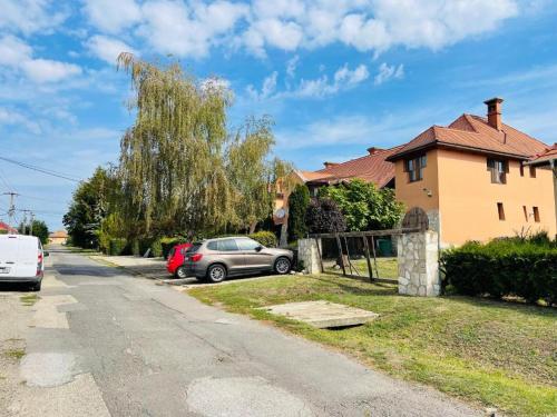 a car parked on the side of a street next to a house at GreenPark Garden Villa Family Apartments Near Tokaj in Szerencs