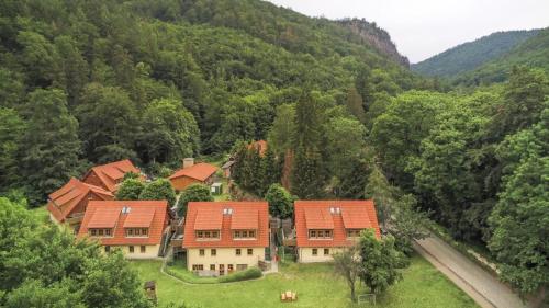 an aerial view of a house in the middle of a mountain at Ferienwohnung Ferienhäuser am Brocken, 60 qm 2 Schlafzimmer in Ilsenburg
