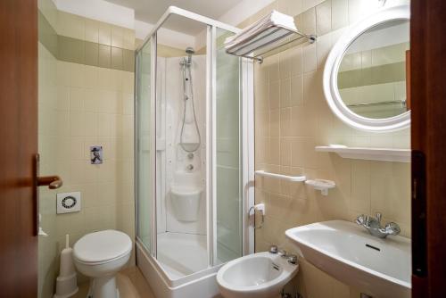 a bathroom with a shower and a toilet and a sink at Hotel Europa in San Martino di Castrozza