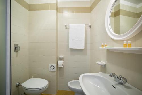 a bathroom with a sink and a toilet and a mirror at Hotel Europa in San Martino di Castrozza