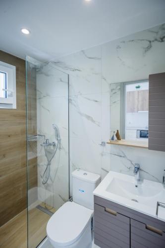 a bathroom with a toilet and a shower and a sink at Sunny Sofi Studios in Planos