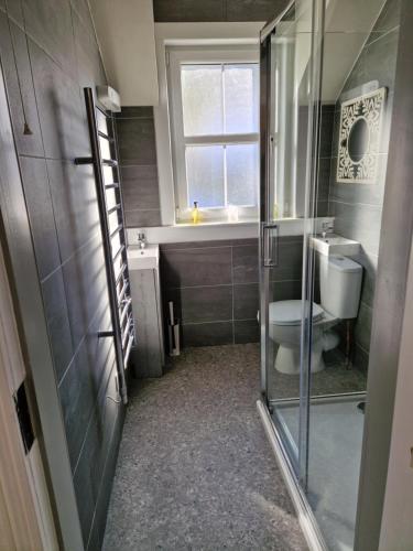 a bathroom with a toilet and a sink and a window at The Dornie in Dornie
