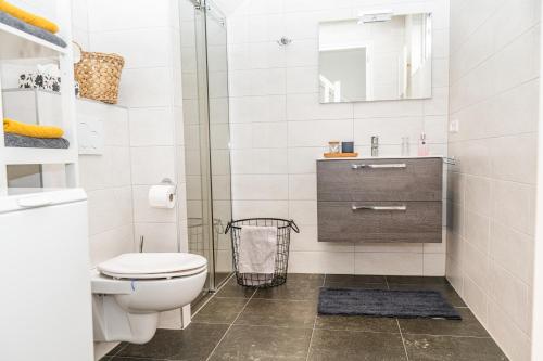 a bathroom with a toilet and a sink and a mirror at Bed & Breakfast De Oude Kapel in Driebergen