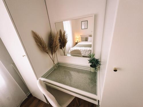 a bathroom with a mirror and a tub with a bed at Ferieneleganz am Fluss in Bad Ems