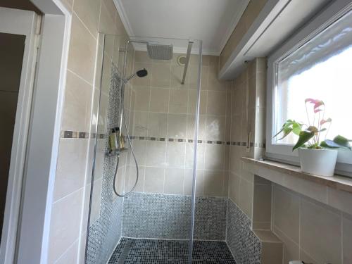 bagno con doccia e porta in vetro di 暖暖屋 a Mamer