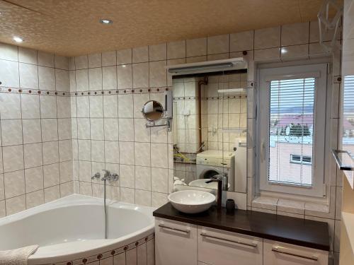 a bathroom with a bath tub and a sink at Apartmán Lída in Františkovy Lázně