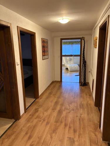 a living room with a hard wood floor and an open door at Apartmán Lída in Františkovy Lázně