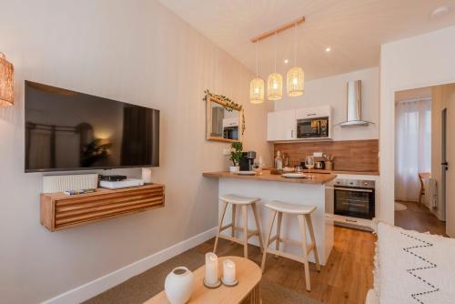 Il comprend une cuisine avec un bar et une télévision murale. dans l'établissement OIQIA • Satori • Balinais, à Boulogne-sur-Mer