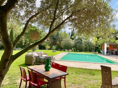 - une table et des chaises à côté de la piscine dans l'établissement Le Jardin de LaCoste, à Narbonne