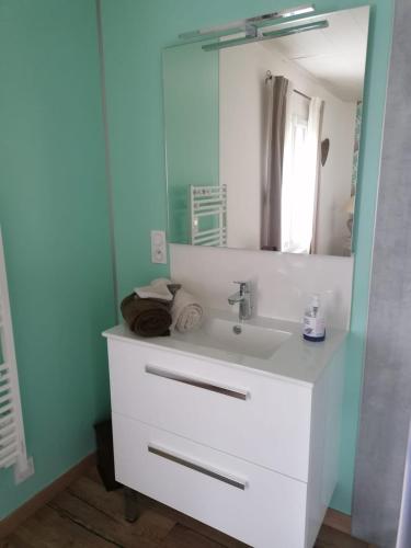 une salle de bain avec un lavabo blanc et un miroir dans l'établissement Chez Émilie et Didier, à Saint-Avaugourd-des-Landes