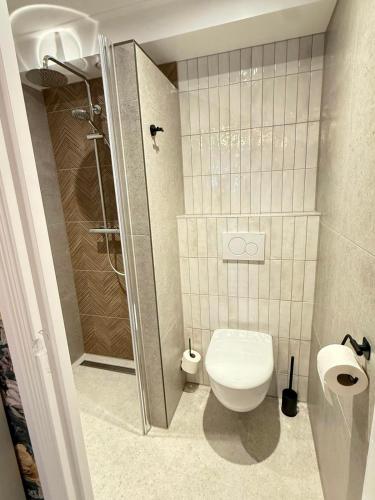 a small bathroom with a toilet and a shower at De Stadshoeve in Medemblik