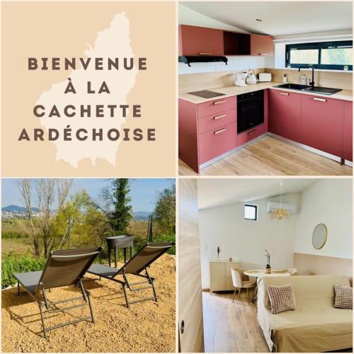 a collage of photos of a kitchen and a house at La cachette ardéchoise in Aubenas