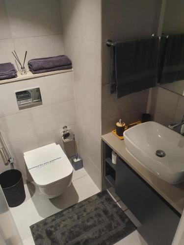 a bathroom with a white toilet and a sink at Snazzy Studio, Cozy & Exquisite in Sharjah
