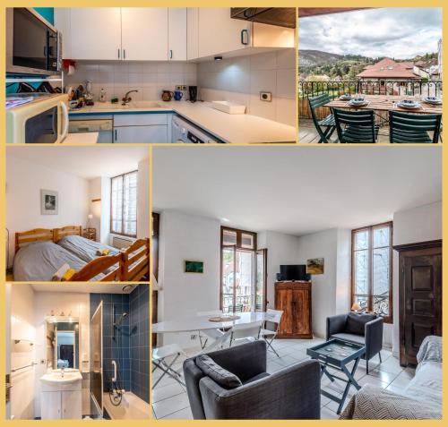 un collage de photos d'une cuisine et d'un salon dans l'établissement Le Panorama d'Autrefois I T3 I Talloires, à Talloires