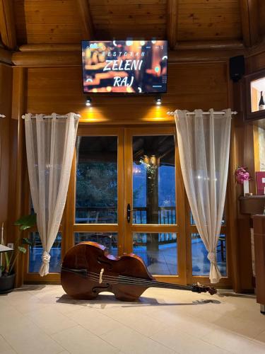 a guitar sitting in front of a window with a television at Wellness Spa Hotel Zeleni Raj in Banja Luka