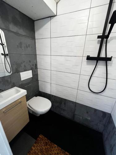 a bathroom with a toilet and a sink at Petit havre de paix à Bobigny avec jardin in Bobigny