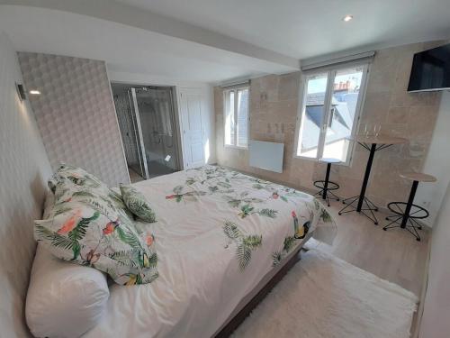 une chambre avec un grand lit et une fenêtre dans l'établissement Cassiopée - CIEL ETOILE, à Honfleur