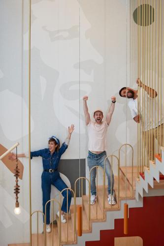 a group of three people on an elevator at Adagio access Brussels Delta in Brussels