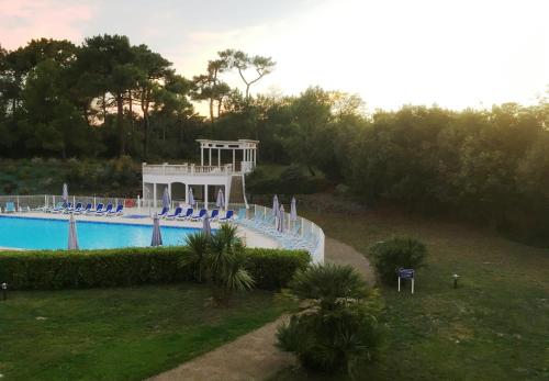 une grande piscine avec des chaises bleues et des arbres dans l'établissement Les Sables superbe T3 cadre unique 7mn à pied de la mer, à Les Sables-dʼOlonne